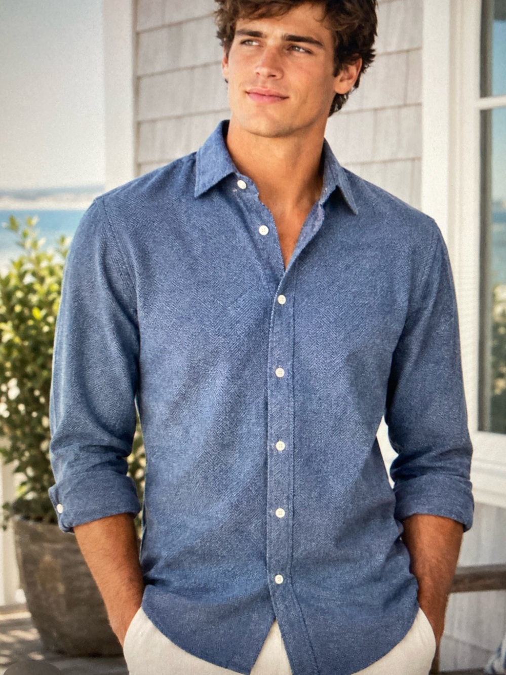 Ted Baker Men’s Textured Herringbone Dress Shirt - Blue Long Sleeve S638